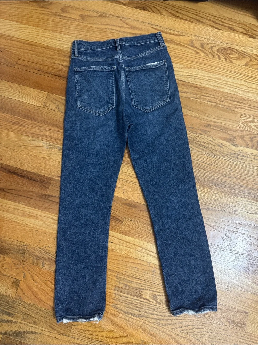 AGOLDE Dark Blue High-Rise Straight Leg Jeans with Distressed Hem - Picture 7 of 7